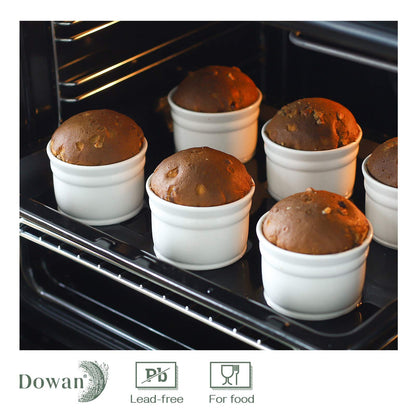 DOWAN Ramekins 6 oz Oven Safe, White Ramekins Set of 6, Porcelain Ramekins for Creme Brulee, Souffle Dishes Custard Cups Dessert Small Bowls for Pudding, Ramekins for Baking