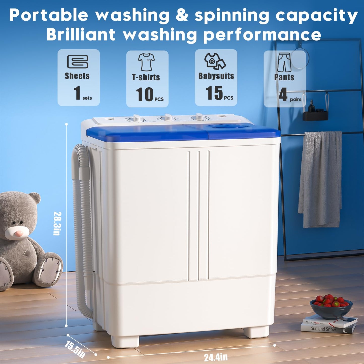 Auertech Portable Washing Machine, 20lbs Twin Tub Washer Mini Compact Laundry Machine with Drain Pump, Semi-automatic 12lbs Washer 8lbs Spinner Combo for Dorms, Apartments, RVs