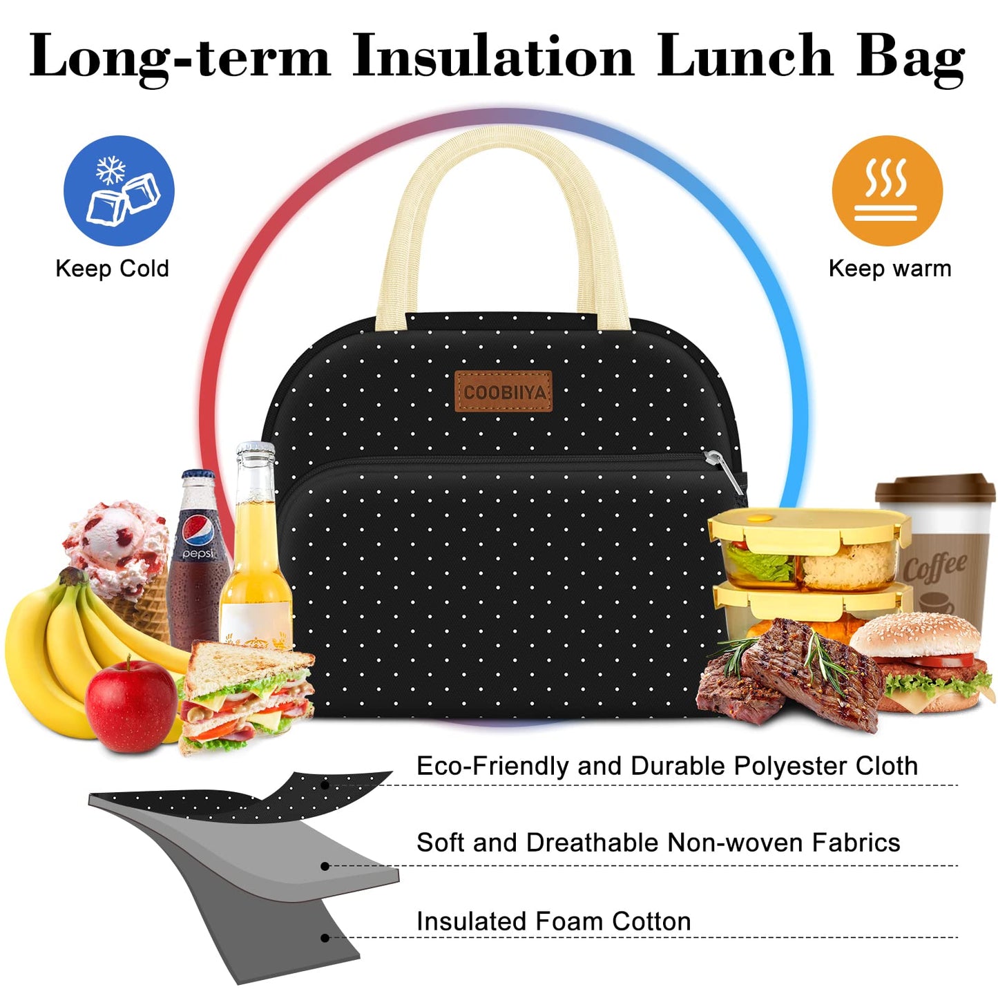 Coobiiya Lunch Bag Women,Lunch Box LunchBag for Women Adult Men, Small Leakproof Cute Lunch Tote Large Capacity Reusable Insulated Cooler Lunch Container for Work/Office/Picnic/Travel-Black Polka Dot