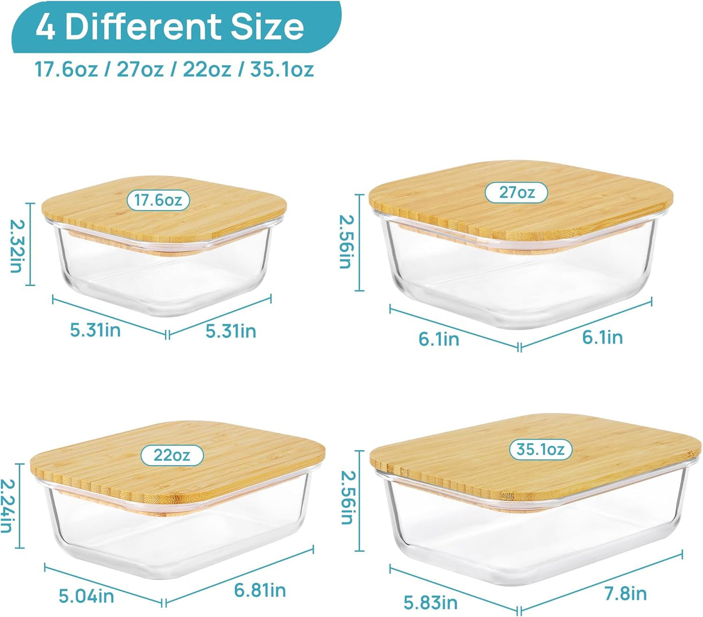 Vtopmart Glass Food Storage Containers - 4 Pack with Bamboo Lids | Microwave, Oven, Freezer Safe, BPA Free