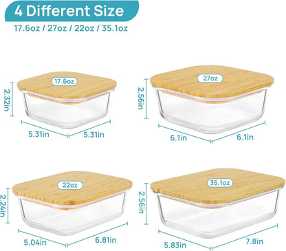 Vtopmart Glass Food Storage Containers - 4 Pack with Bamboo Lids | Microwave, Oven, Freezer Safe, BPA Free