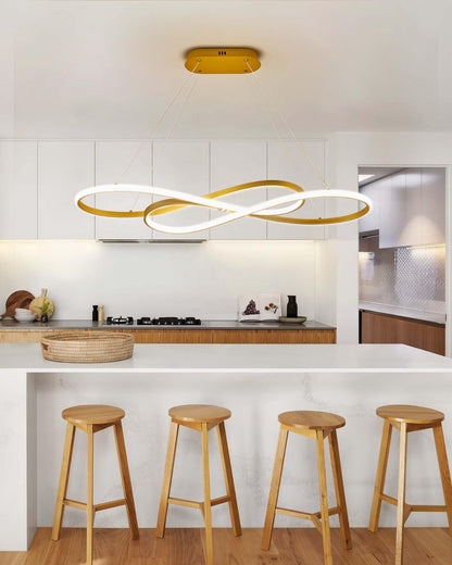 39" Modern Infinite LED Pendant Light, Dimmable LED Kitchen Island Linear Chandelier with Remote Control, Gold Modern Chandelier for Dining Room, Adjustable Height Hanging Light Fixture Over Table