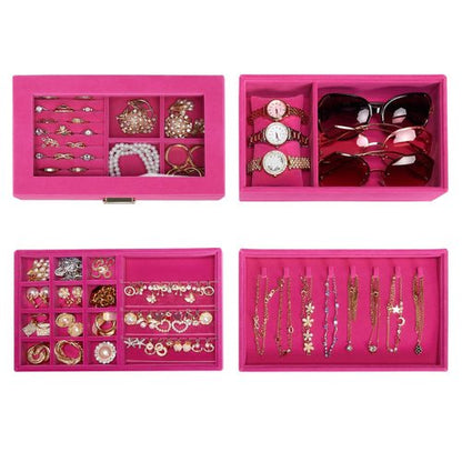 Homde Jewelry Tray Stackable Jewelry Box Drawer Organizer with Glass Lid, Removable Dividers for Vanity Table Gift Idea for Girls and Women (Pink)