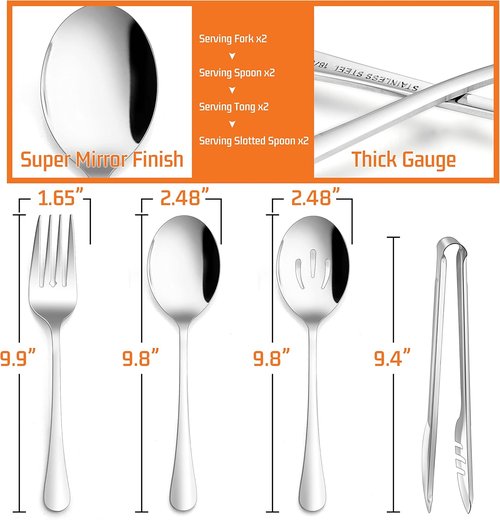 E-far Large Serving Utensils Set - 8-Piece Stainless Steel Serving Spoons, Fork & Tongs | Dishwasher Safe