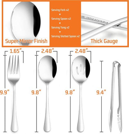 E-far Large Serving Utensils Set - 8-Piece Stainless Steel Serving Spoons, Fork & Tongs | Dishwasher Safe