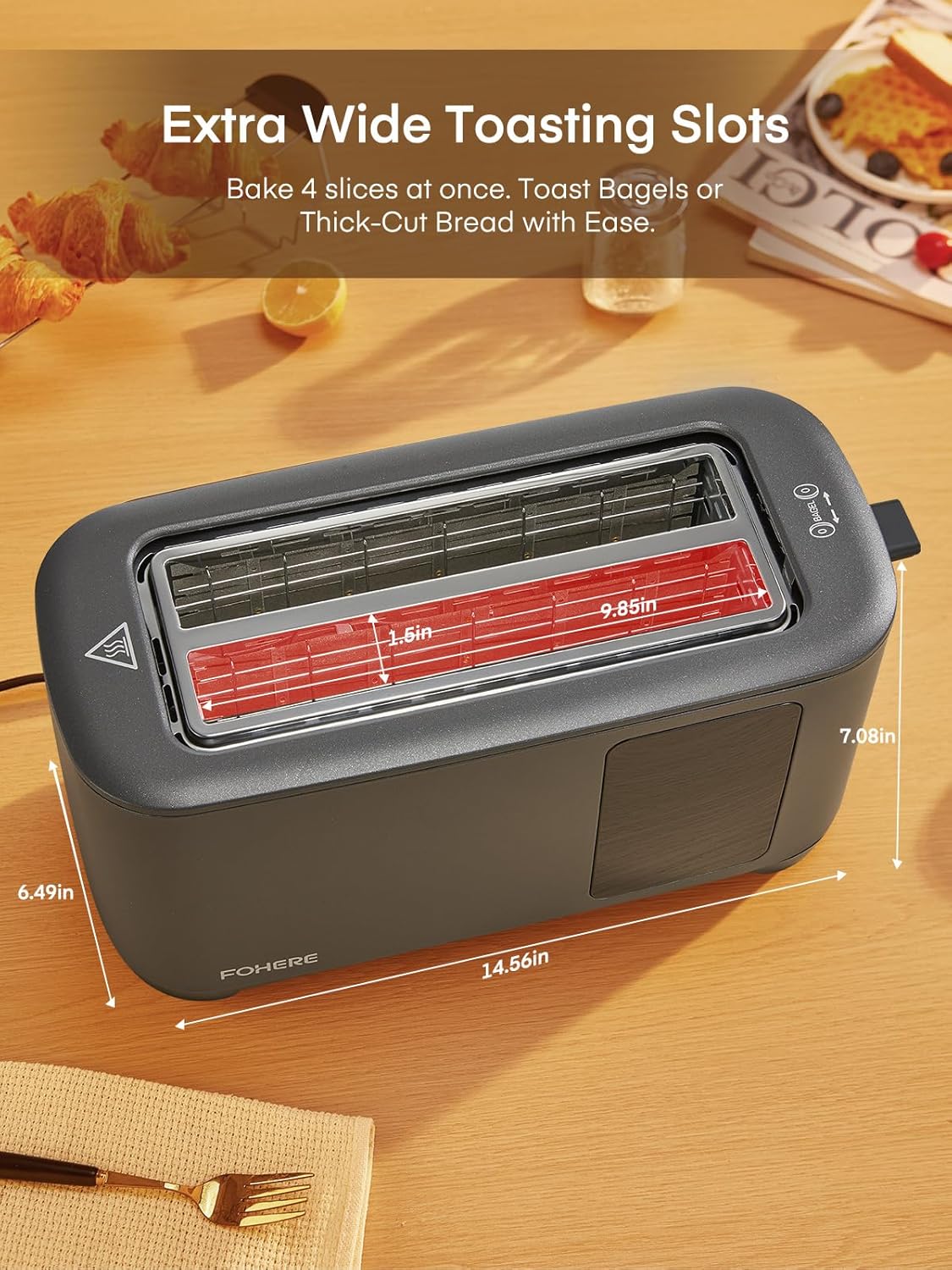 Skiennix 4-Slice Toaster - Touch Screen Control, Extra Wide Slots, Stainless Steel, Grey Finish