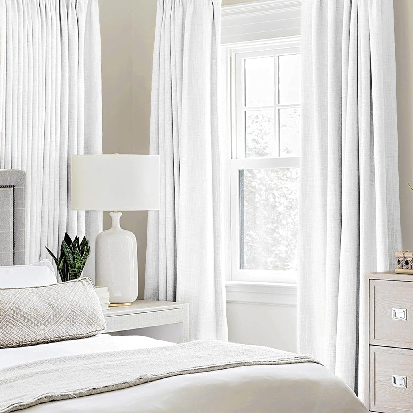 MIULEE Blackout Linen Textured Curtains - Thermal Insulated Room Darkening Drapes | Bright White, 52 x 84 Inch (2 Panels)