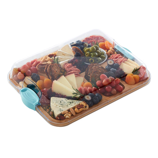 Farberware Build-A-Board Bamboo Cutting Board with Built-in Compartments and Clear Locking Lid with Blue Handles, Perfect for Charcuterie, Snacks, and More - Make it. Take it. Enjoy it, 11x14 Inches