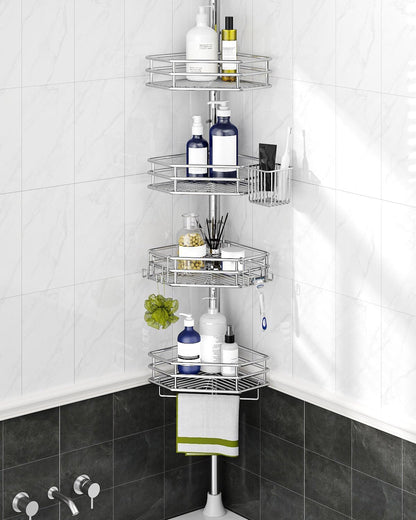 SEIRIONE Corner Shower Caddy - Rust-Free Tension Pole Organizer | 4-Tier Adjustable Shelf, Fits 34-116 Inch Height, Silver