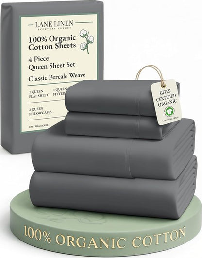 **LANE LINEN Organic Cotton Queen Bed Sheets - Soft, Naturally Cooling Percale | Charcoal, 15" Deep Pocket**