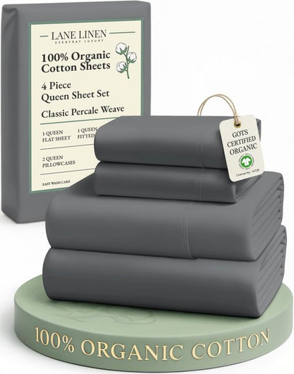 LANE LINEN Sustainably Produced 100% Organic Cotton Queen Size Bed Sheets, Soft & Comfy Naturally Cooling Percale Cotton Sheets, Low Pill Fade Resistant 15" Deep Pocket Queen Sheets– Charcoal