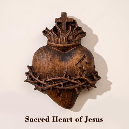 Wooden Three Sacred Hearts Wall Decor - Holy Family Beech Wood 4 Inch, Handmade