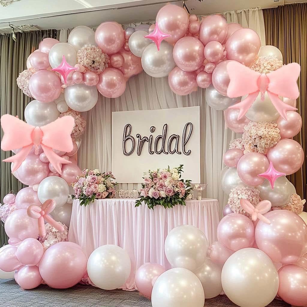 Skiennix Pearl Pink Balloon Arch - Light Pink Foil Bow & Star Balloons for Birthday & Baby Shower Decor