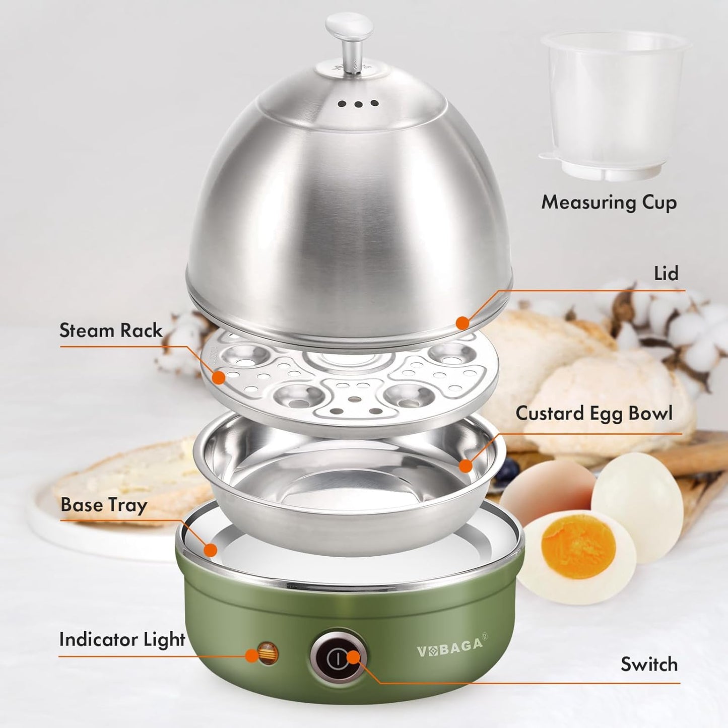 VOBAGA Electric Egg Cooker - Rapid Boiler with Auto Shut Off | 7-Egg Capacity, Stainless Steel Tray, Green