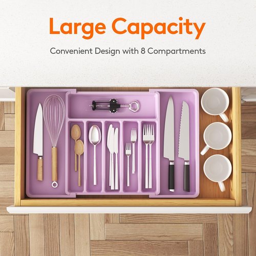 Lifewit Expandable Silverware Drawer Organizer - BPA-Free Utensil Tray for Kitchen | Adjustable 13-22 x 15" - Purple