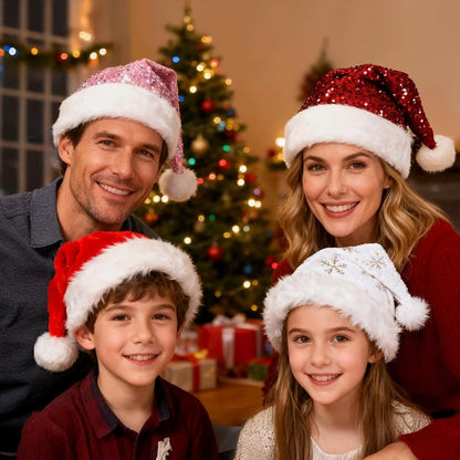 Pink Double-Layer Sequin Christmas Hat for Adults with Snowflake Pattern - Festive Santa Costume Accessory