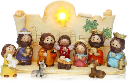 Skiennix Mini Christmas Nativity Set - 11 Colorful Figurines with Light | Rearrangeable Manger Decor