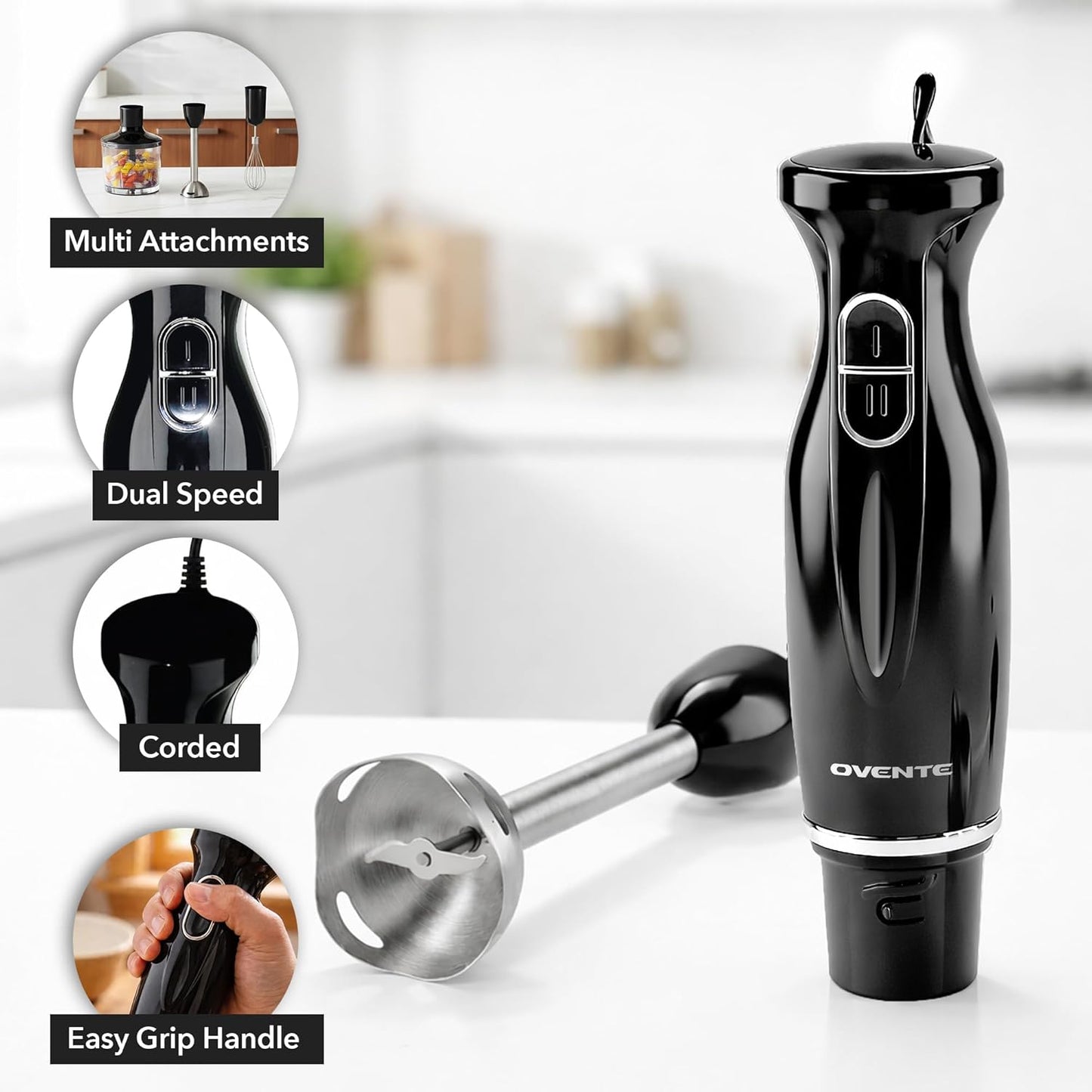 OVENTE Immersion Hand Blender Set - 300W Electric Stick Mixer with Stainless Steel Blades & Whisk, Black
