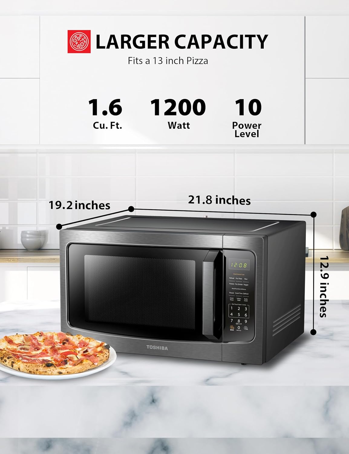 TOSHIBA Countertop Microwave Oven - Smart Sensor, 1200W, 1.6 Cu.ft, Black Stainless Steel