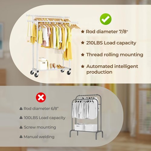 HYSEYY Rolling Clothing Rack - Sturdy Double Rod Wardrobe Rack for Bedroom & Laundry | White