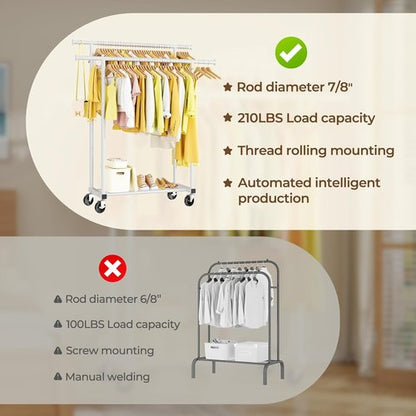 HYSEYY Rolling Clothes Rack - Sturdy Double Rod Portable Wardrobe for Bedroom & Laundry | White