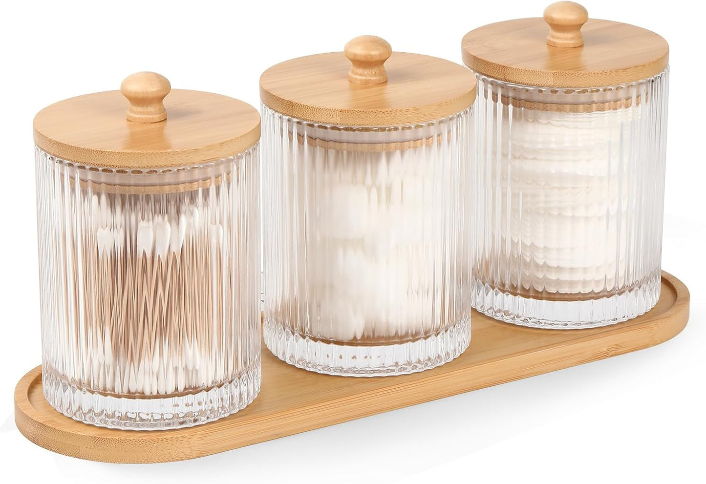 Skiennix 3-Pack Qtip Holder - Elegant Bathroom Organizer Set with Glass Jars & Tray