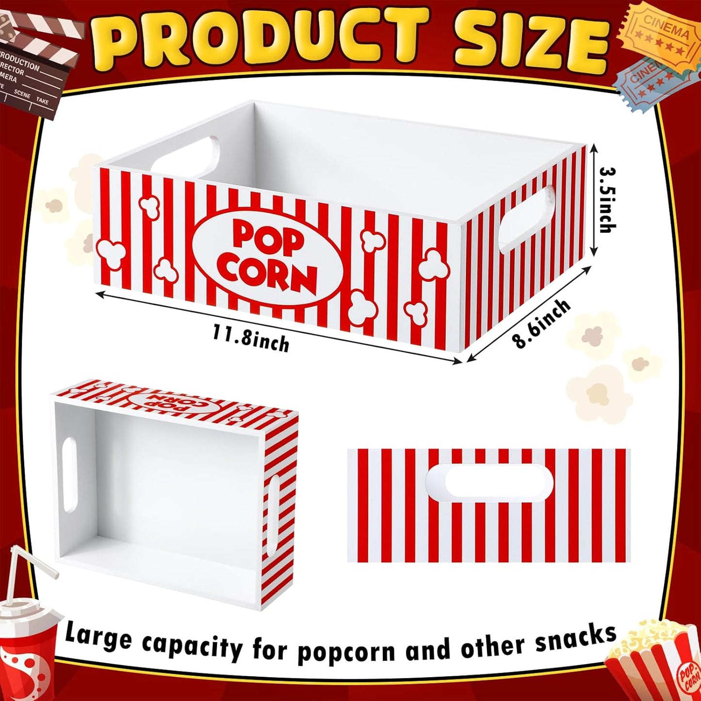 Skiennix Movie Night Snack Trays - Reusable Wooden Gift Basket for Popcorn | Striped Design