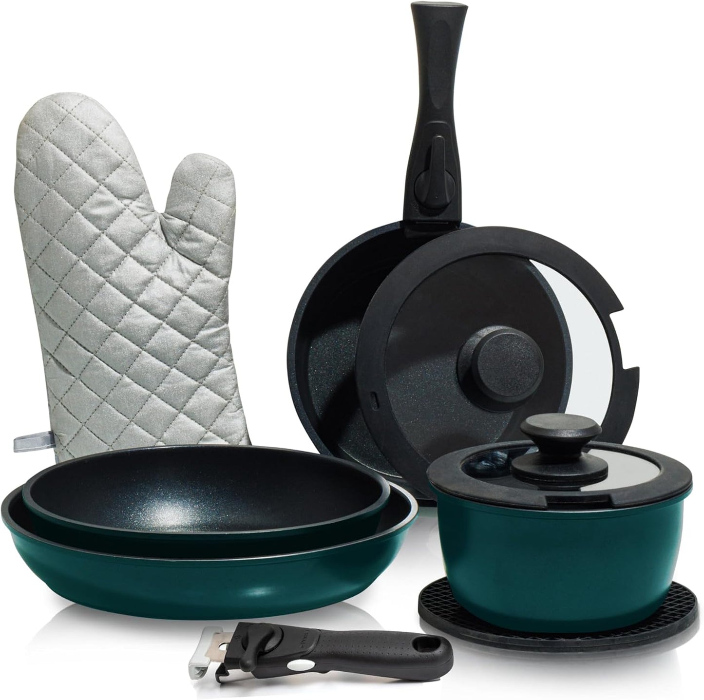 Moss & Stone Nonstick Aluminum Pots and Pans Set - 10-Piece Stackable Cookware in Blue | Dishwasher Safe
