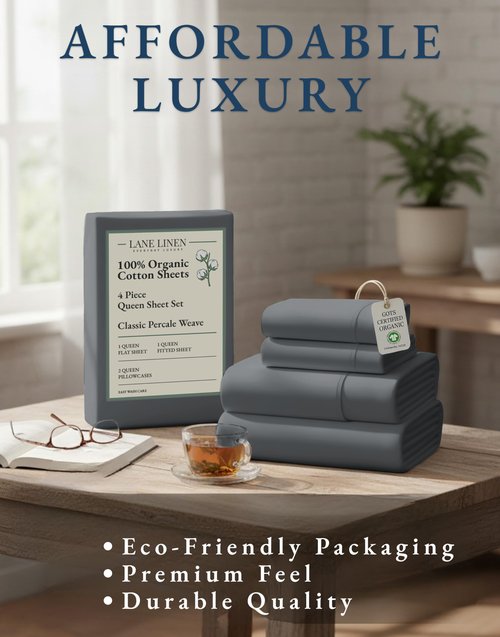 LANE LINEN Sustainably Produced 100% Organic Cotton Queen Size Bed Sheets, Soft & Comfy Naturally Cooling Percale Cotton Sheets, Low Pill Fade Resistant 15" Deep Pocket Queen Sheets– Charcoal