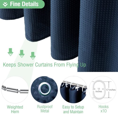 Dynamene 60 inch Stall Shower Curtain - Waffle Weave Heavy Duty Thick Fabric Shower Curtains for Bathroom,Weighted Hotel Spa Luxury Cloth Bath Curtain Set with 10 Plastic Hooks,60x72, Navy Blue