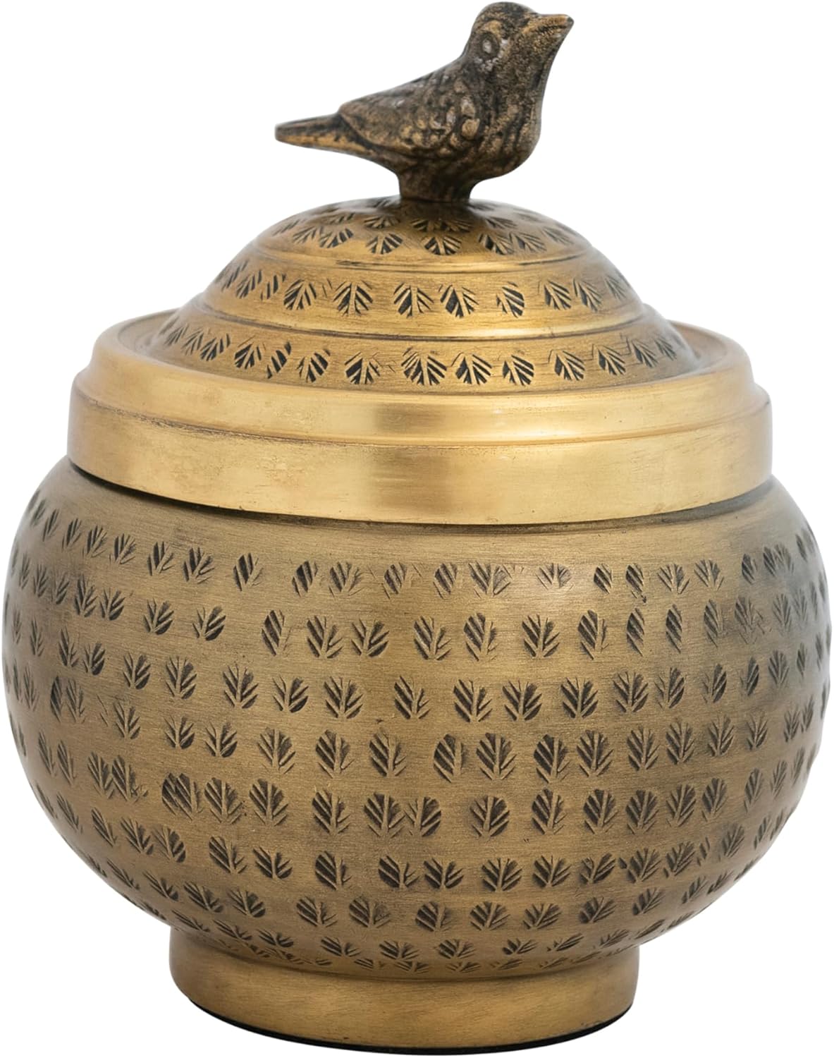 Regine Switzerland Round Hammered Metal Container - Elegant Bird Finial in Brass Finish