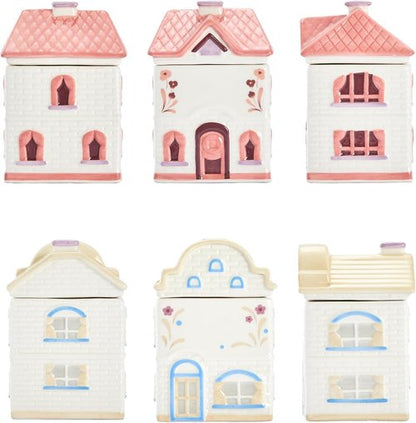 Bico Spice Cottages Ceramic Spice Jar Set - Hand-Painted, Airtight, 4 oz | Pink & White, Set of 2