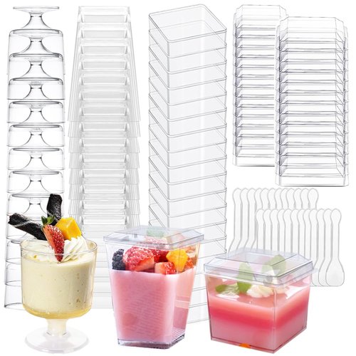 340 Pack Plastic Dessert Cups with Lids and Spoons, 5 OZ Mini Clear Square and Round Goblet Dessert Shooter Cups for Party, Fruit, Ice Cream and Pudding