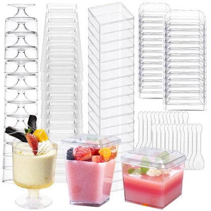 340 Pack Plastic Dessert Cups with Lids and Spoons, 5 OZ Mini Clear Square and Round Goblet Dessert Shooter Cups for Party, Fruit, Ice Cream and Pudding