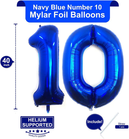 Skiennix 40-Inch Navy Blue Number 10 Balloons - Giant 10th Birthday Party Decorations