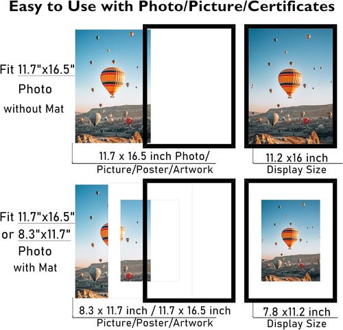 JCJMY A3 Black Picture Frame - Versatile Display for 8.3x11.7 or 11.7x16.5 Photos | Wall Hanging with Plexiglass