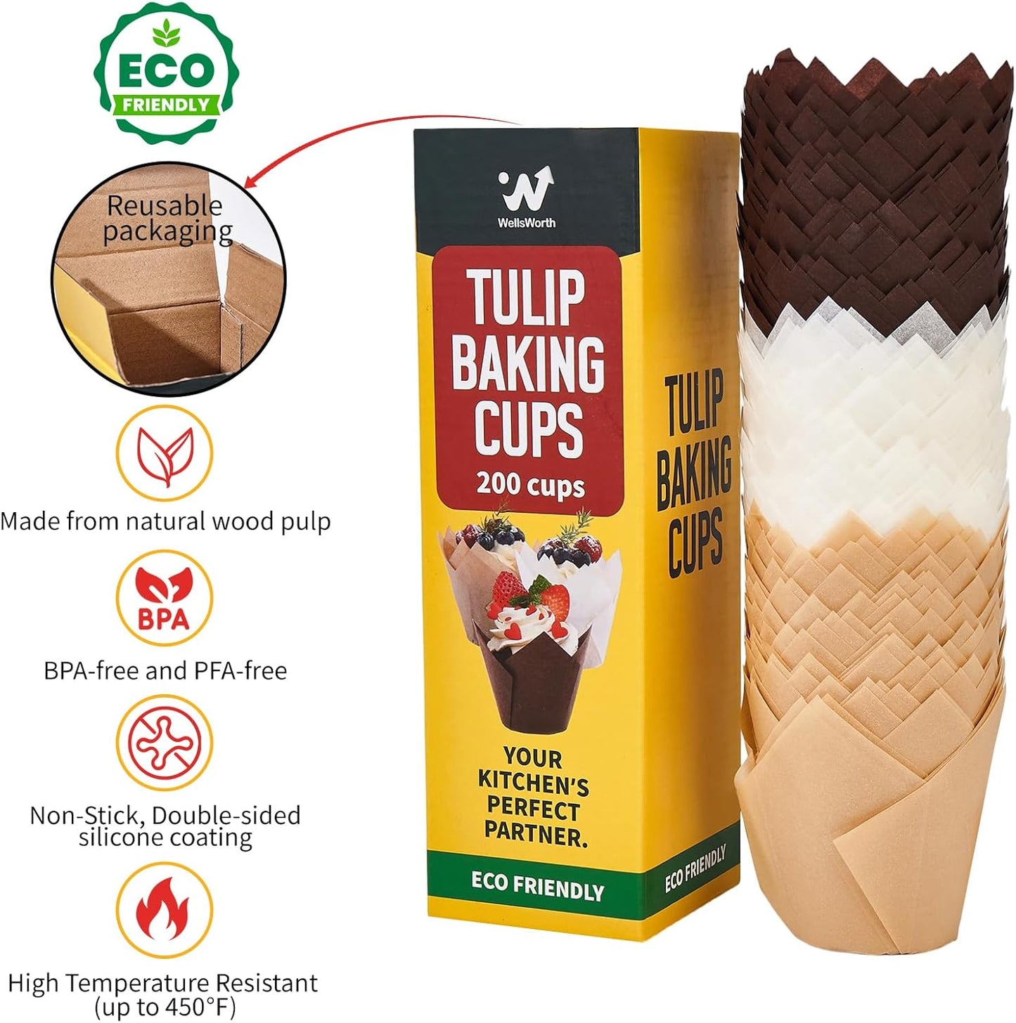 Skiennix Tulip Cupcake Liners - 200PCS Unbleached Food Grade Greaseproof Muffin Wrappers for Baking