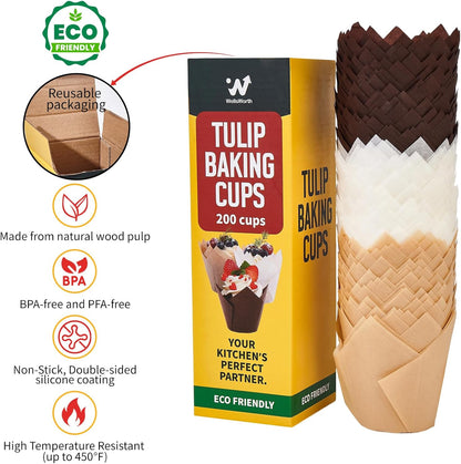 Skiennix Tulip Cupcake Liners - 200PCS Unbleached Food Grade Greaseproof Muffin Wrappers for Baking