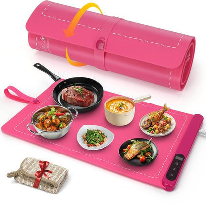 FYY Food Warming Mat - Electric Warming Tray Full Surface Heating Versatile Food Warmer, Premium Silicone Nano-Material, Rollable Food Heating Tray for Gatherings, Parties, Everyday Use, Pink