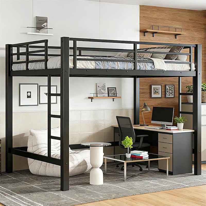 Bellemave Full-Size Loft Bed Frame with Dual Ladders, Iron Construction, No Box Spring Needed - Black (Variation: Black+Full)