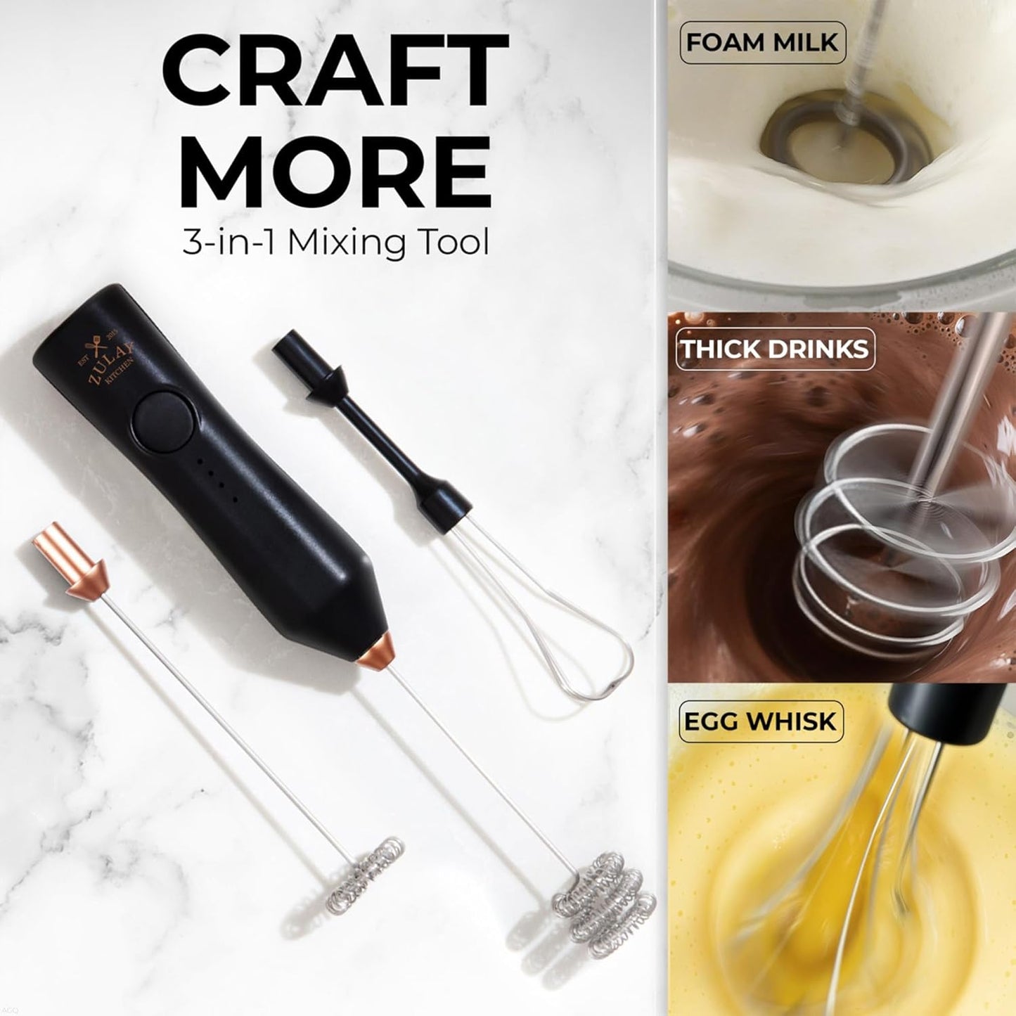 Zulay Kitchen Rechargeable Milk Frother | 3 Speeds & 3 Whisk Attachments - USB Charging, Perfect for Lattes & Cappuccinos - Black Copper