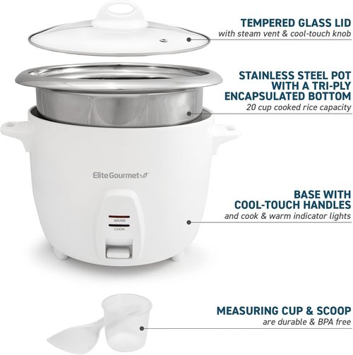 Elite Gourmet Electric Rice Cooker - 20 Cups Cooked Capacity | Stainless Steel Inner Pot & Keep Warm Feature
