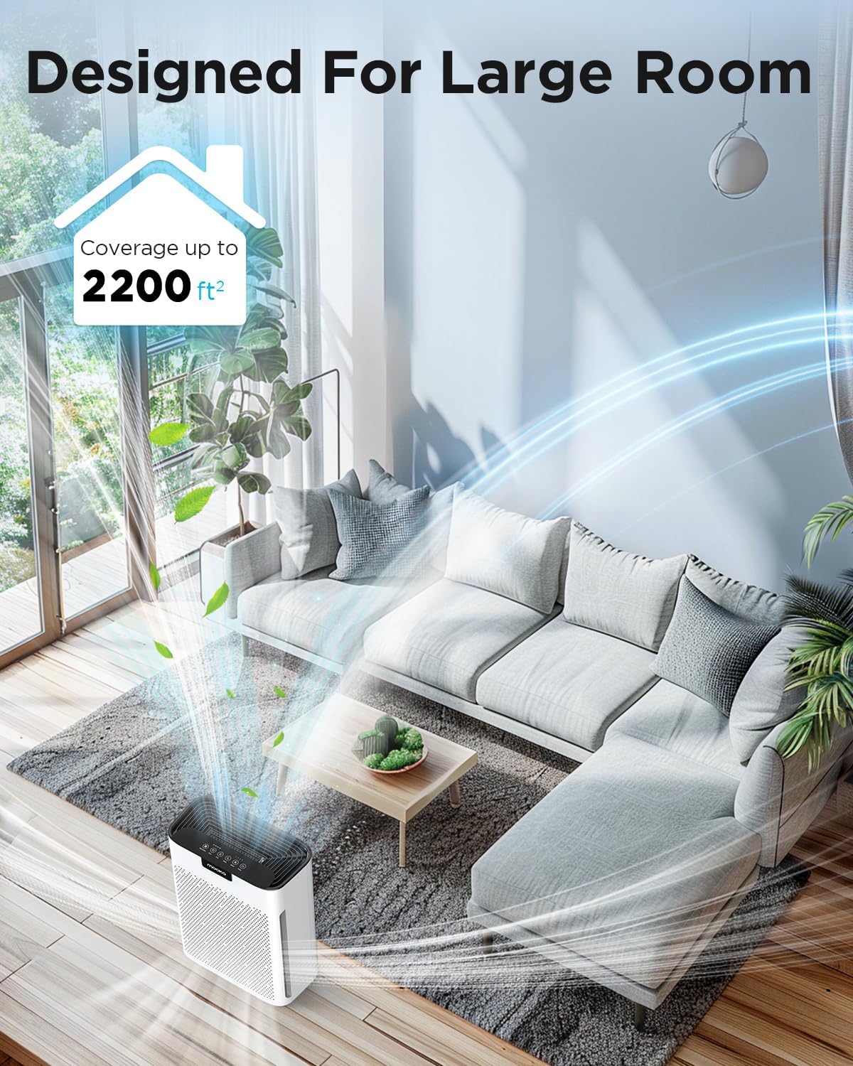 MOOKA H13 HEPA Air Purifier - Large Room Coverage Up to 2200 Ft² | Washable Filters, Odor & Allergen Removal, KJ190 White