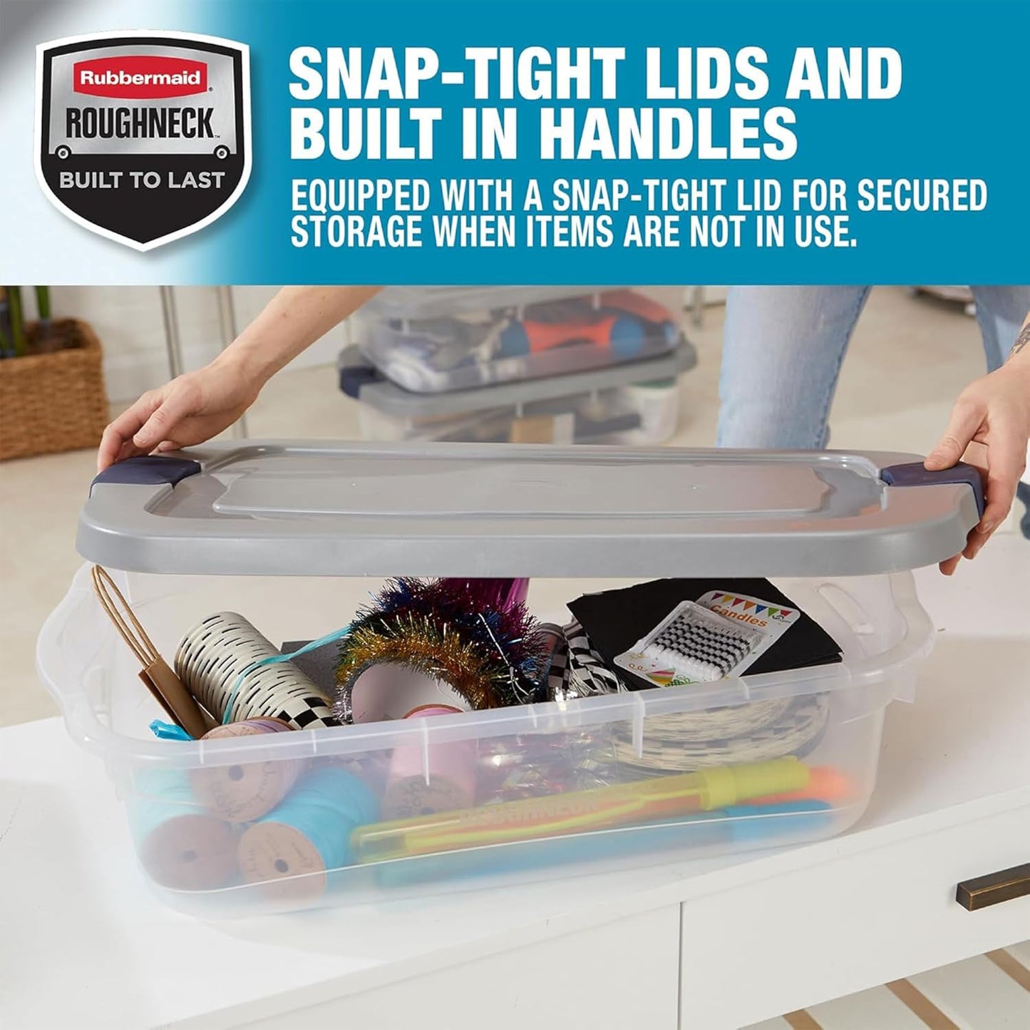 Rubbermaid Roughneck 31 Qt Clear Storage Containers - Pack of 6 with Snap-Fit Grey Lids | Sturdy & Stackable