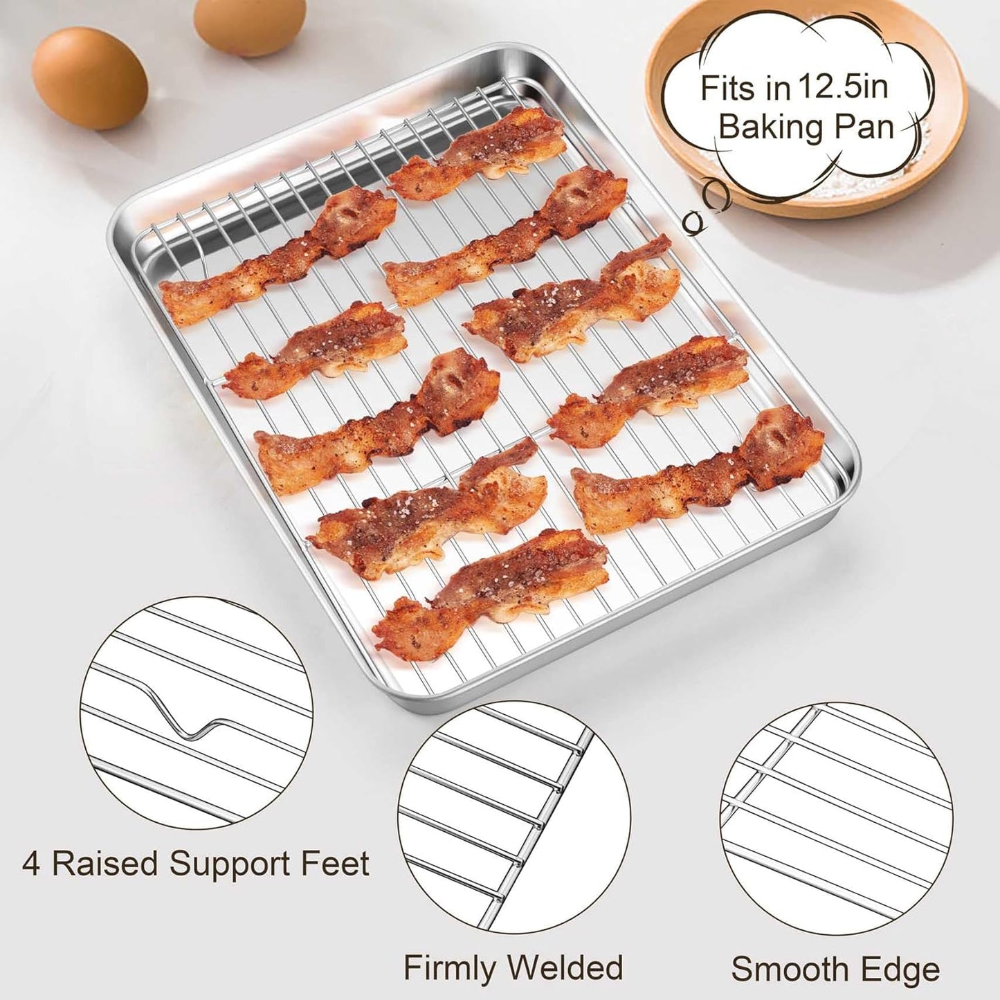 TeamFar Stainless Steel Baking Sheet Set - 12.5-Inch Cookie Sheets with Cooling Rack & Silicone Mats | Non-Toxic, Easy Clean