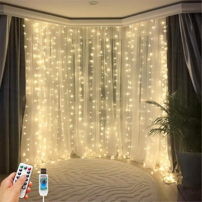 Skiennix 200 LED Fairy Curtain Lights - 6.6 x 6.6 FT Warm White USB Plug with Remote | 8 Modes for Christmas & Events