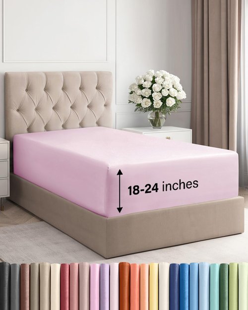 Extra Deep Twin XL Fitted Sheet - Hotel Luxury Single Fitted Sheet Only - Easily Fits 18 inch to 24 inch Mattress - Ultra Soft, Wrinkle Free with Extra Deep Pockets - Breathable & Comfy - Light Pink