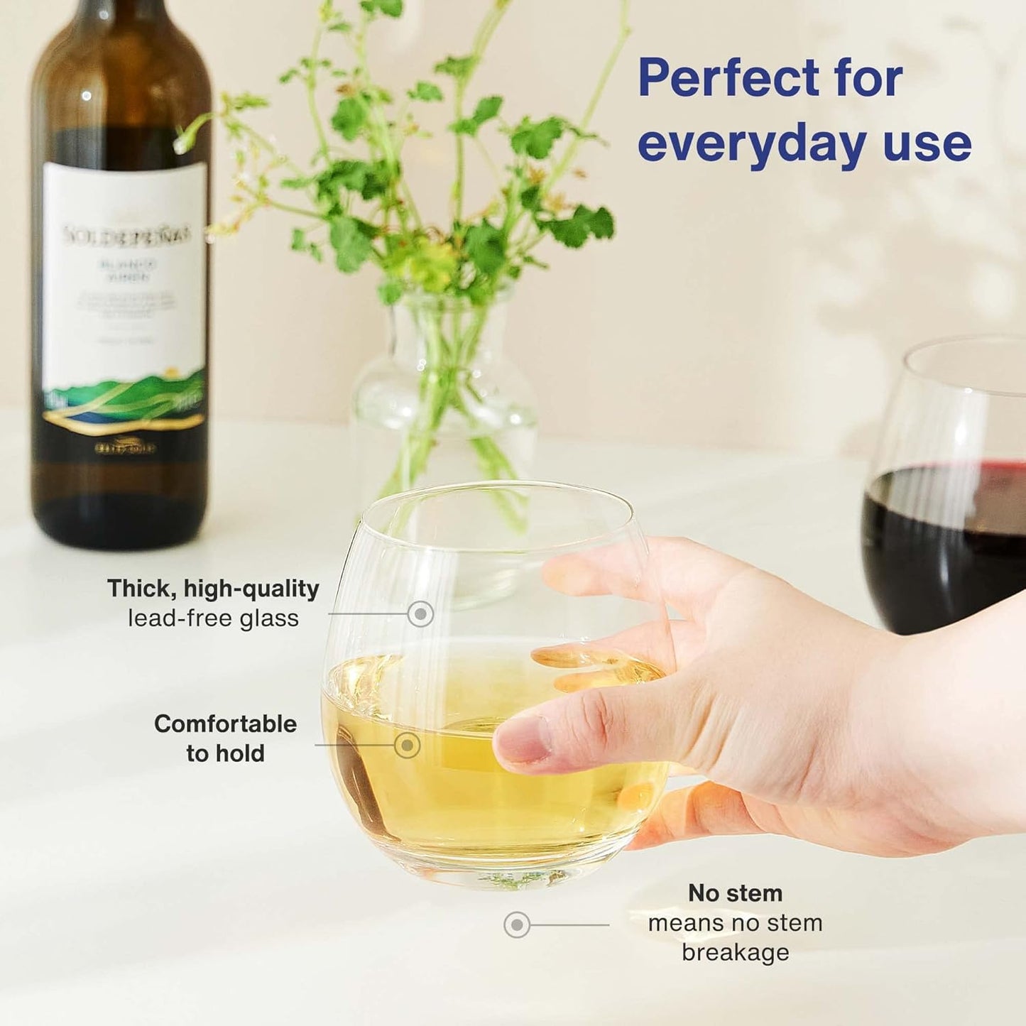 Vintorio GoodGlassware Stemless Wine Glasses (Set Of 4) 15 oz - Crystal Clear Clarity, Classic Bowl Design Perfect for Red and White Wines - Dishwasher Safe, All-Purpose Tumblers