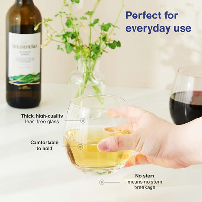 Vintorio GoodGlassware Stemless Wine Glasses (Set Of 4) 15 oz - Crystal Clear Clarity, Classic Bowl Design Perfect for Red and White Wines - Dishwasher Safe, All-Purpose Tumblers