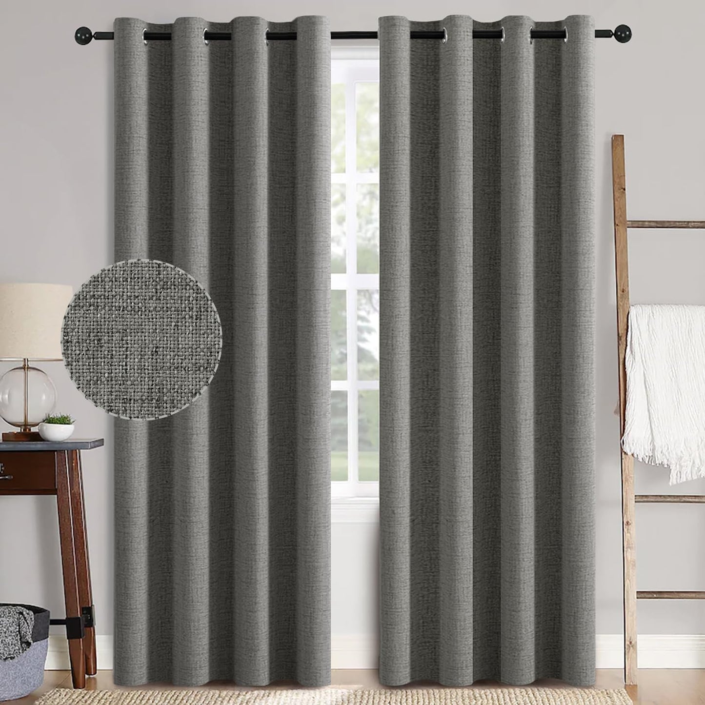 MIULEE Dark Grey Linen Texture Curtains - 2 Pack Blackout Grommet 52x108 Inch | Classic Room Darkening Design